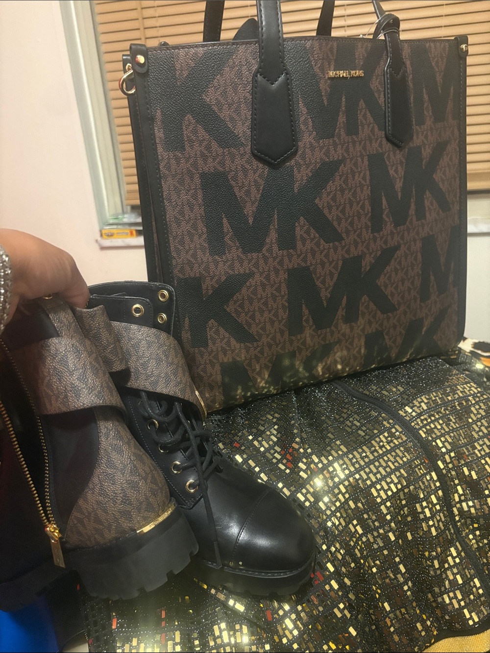 Michael Kors Brown and Black MK Logo Tote with Matching Boot Accents